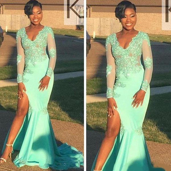 Sexy V Neck Mint Green Arabic Evening Dresses Wear Long Sleeves Side Split African Mermaid Formal Prom Party Gown 