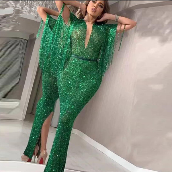 Sparkle Emerald Green Mermaid Prom Dresses With Tassel Back Split Sexy Prom Evening Gowns Deep V-neck Robe De Soiree