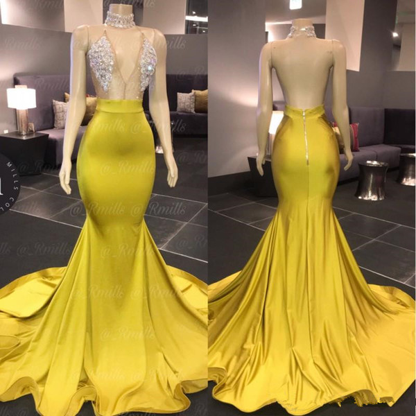 New V Neck Sleeveless Mermaid Prom Dresses Sweep Train Crytal Stain Formal African Evening Dress