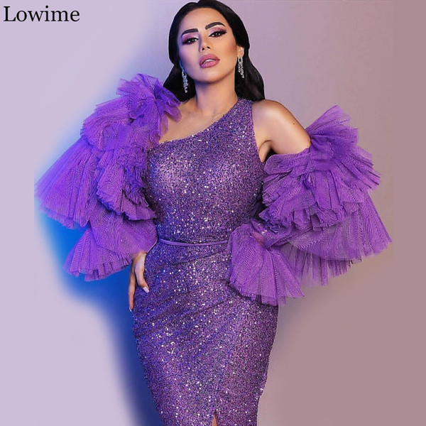 Purple One Shoulder Mermaid Prom Dresses Sparkly Sequined Long Sleeves High Split Evening Gown Long Formal Party Dresses