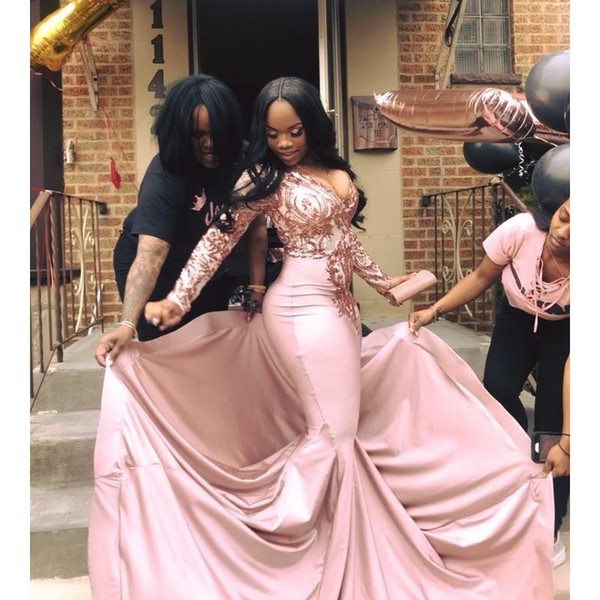 Arabic Aso Ebi Blush Pink Mermaid Prom Dresses Sexy African Deep V Neck Long Sleeves Plus Size Evening Gown Long Formal Bridesmai Dress