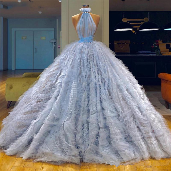 Sexy High Neck Ruffe Top Ball Gown Prom Dresses New Fashion Backless Zipper Back Formal Evening Dress