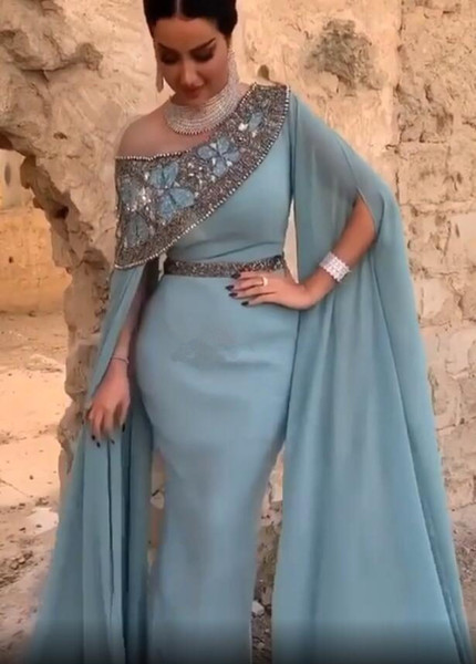 Dusty Blue Off Shoulder Mermaid Prom Dresses Plus Size Arabic Sequined Beaded Evening Gown Poet Long Sleeves Formal Party Dress