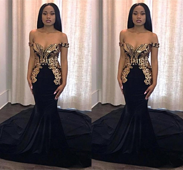 Black With Gold Appliques Mermaid Prom Dresses Junior Sweet 15 Party Vestidos Elegant Off Shoulder Long Evening Gowns BC0986