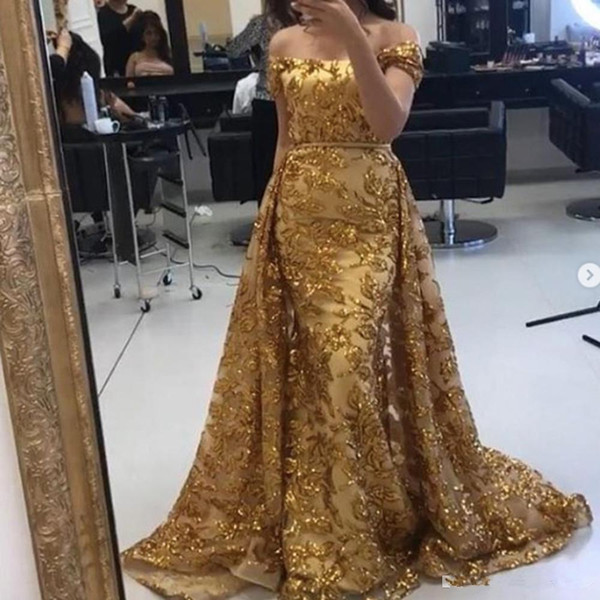 African Gold Appliqued Lace Mermaid Evening Dresses Overskirts Off the shoulder Long Formal Evening Gowns Dubai Arabic Prom Party Dress