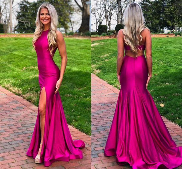 Sexy Fuchsia Mermaid Prom Dresses Cheap High Side Split Evening Gown Long Plus Size Open Back Long Formal Party Bridesmaid Dresses BM1546