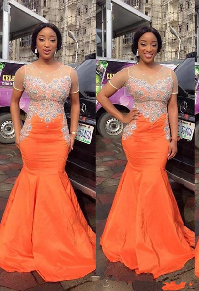 Modern Orange South African Prom Evening Special Occasion Dresses Lace Crystal Beaded Sheer Neckline Short Sleeve Mermaid Formal Dress Long