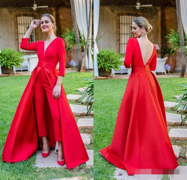 New Red Jumpsuits Prom Dresses 3/4 Long Sleeves V Neck Formal Evening Party Gowns Cheap Special Occasion Pants