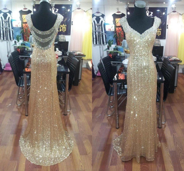 Bling Gold Sequined Mermaid Prom Dresses Sheath Long Sexy Backless Crystal Formal Party Gowns Special Occasion Dressess Evening Wear