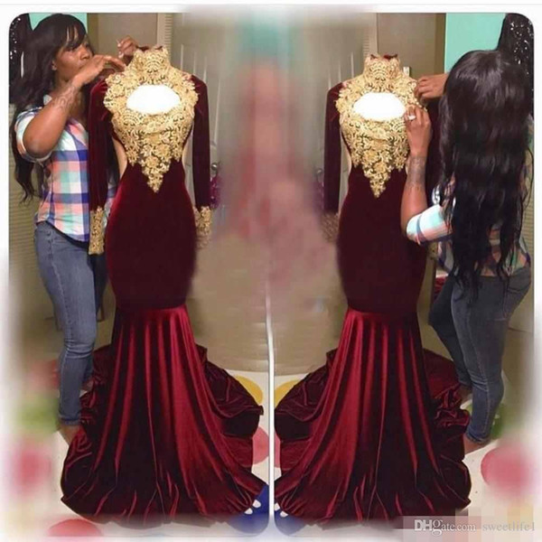 Gold Appliques Burgundy Prom Dresses High Neck Long Sleeve Velvet Mermaid Formal Evening Party Gown Custom Made