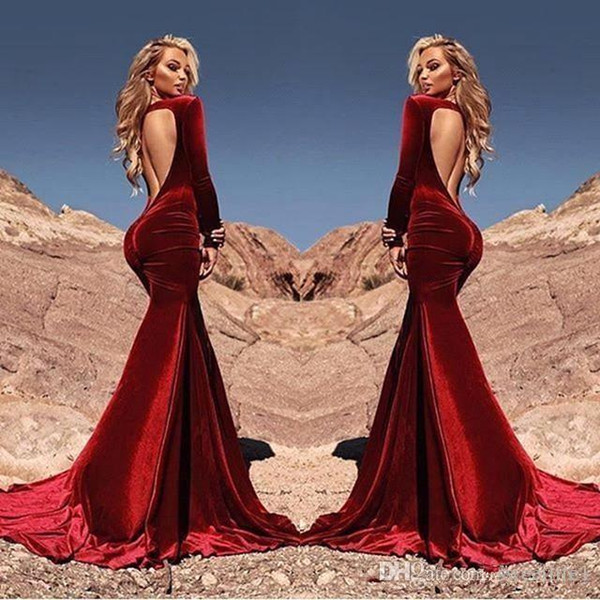 Velvet Long Sleeves Prom Dress Mermaid Backless Party Wear Formal Evening Dresses robes de soirée