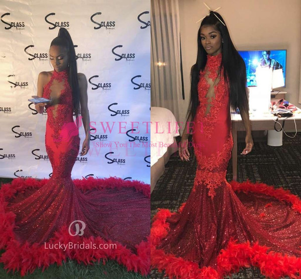 Sexy Red Feather Mermaid 2K19 Prom Dresses Backless Halter Vintage Lace Plus Size Black Girls African Arabic Formal Evening Party Gown