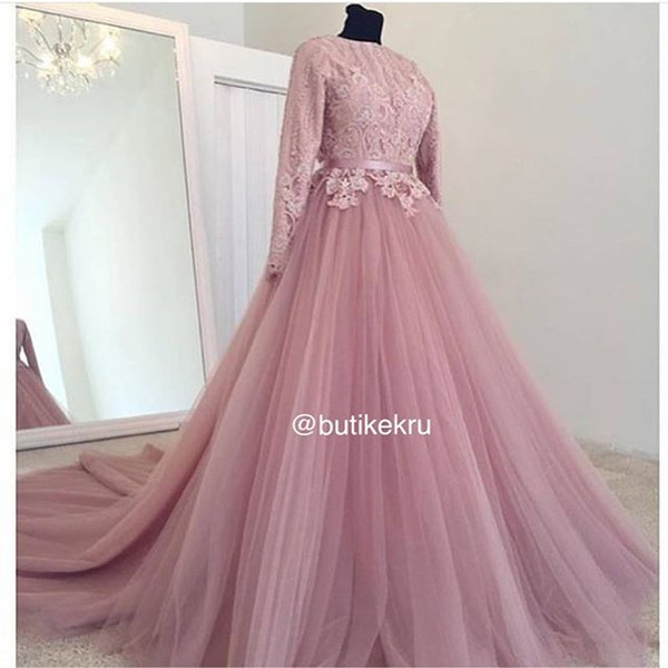 Dark Pink Tullle Long Sleeve Prom Dresses Jewel Neck A Line Tulle Sweep Train Appliques Formal Occasion Dresses Prom Gown