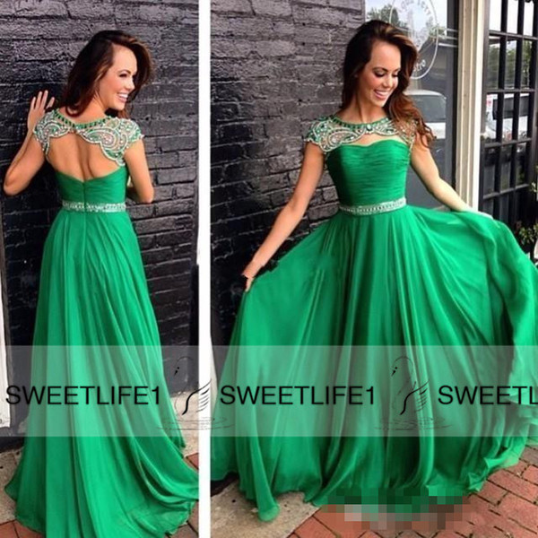 A Line Chiffon Emerald Green Ruffles Evening Dresses Beaded Formal Custom Made Backless High Neck Long Prom Gowns Capped Sleeves