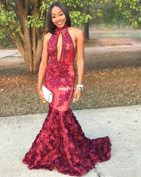 Arabic Black Girls Mermaid Prom Dresses Popular Keyhole Neck High Neck Red Appliques Sequins Flowers Long 2K18 Evening Gowns