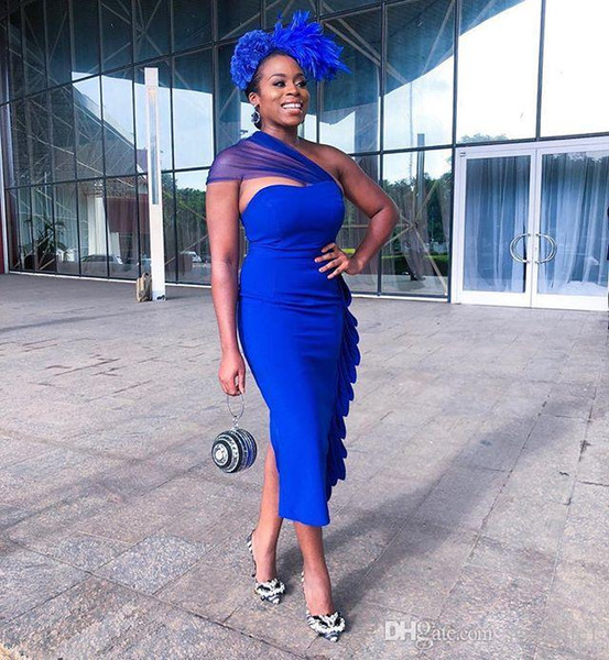 Royal Blue Prom Dresses One Shoulder Sheath Tea Length Split Cocktail Dress Plus Size Party Wear Sexy African Dress