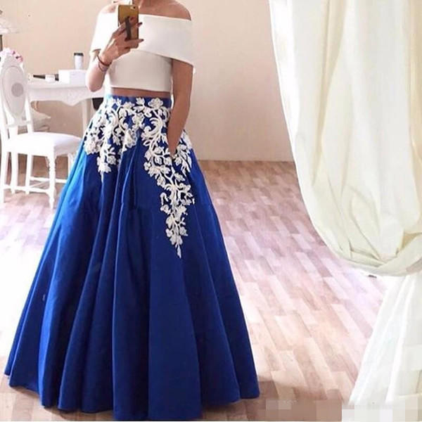 Two Piece Prom Dresses Lace Appliques Boat Neck Satin Arabic Evening Dresses Elegant Royal Blue Party Gown Robe De Soiree