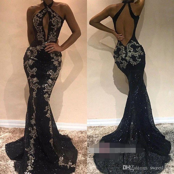 Black Halter Neck Prom Dress Sequins Crystals Mermaid Backless Formal Sexy Evening Occasion Dresses Luxury robes de soirée