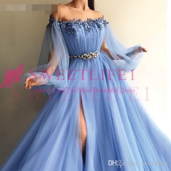 Long Sleeves Beaded Prom Dresses Arabic Blue Tulle Applique Evening Gown Side Slit Robe De Soiree