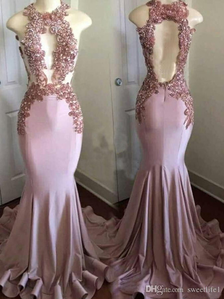 Halter Prom Dresses Sexy Illusion Bodice Mermaid Backless Formal Evening Dresses See Through Formal Party Wear