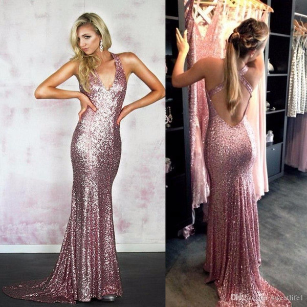 Rose Sequins Halter V Neck Prom Dresses Mermaid Sexy Backless Floor Length Formal Prom Party Gown