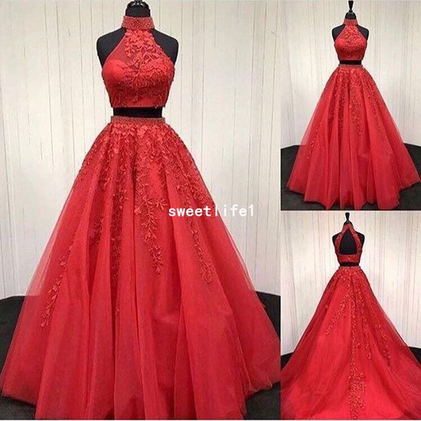 New Two Piece Prom Dresses High Neck Beaded Appliques A Line Red Formal Evening Occasion Dresses Custom Made