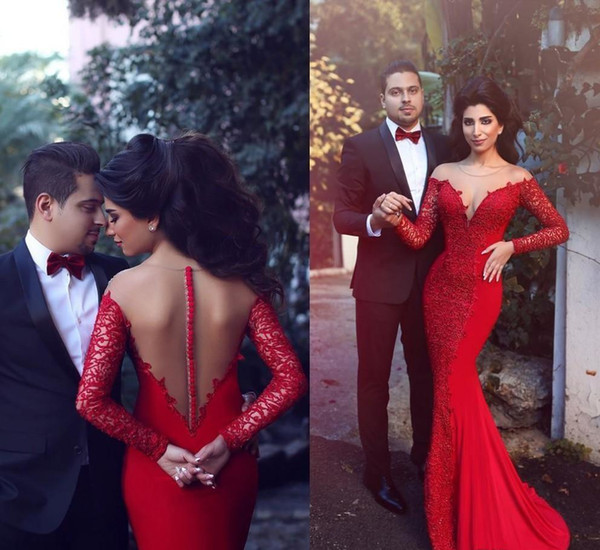 Red Sexy Prom Dresses See Through Dubai Arabic African Backless Formal Evening Party Gown Plus Size Sheer Neck