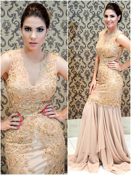 Elegant Champagne Appliques Prom Dresses V Neck Mermaid Chiffon Saudi Arabic Style Formal Plus Size Evening Dress