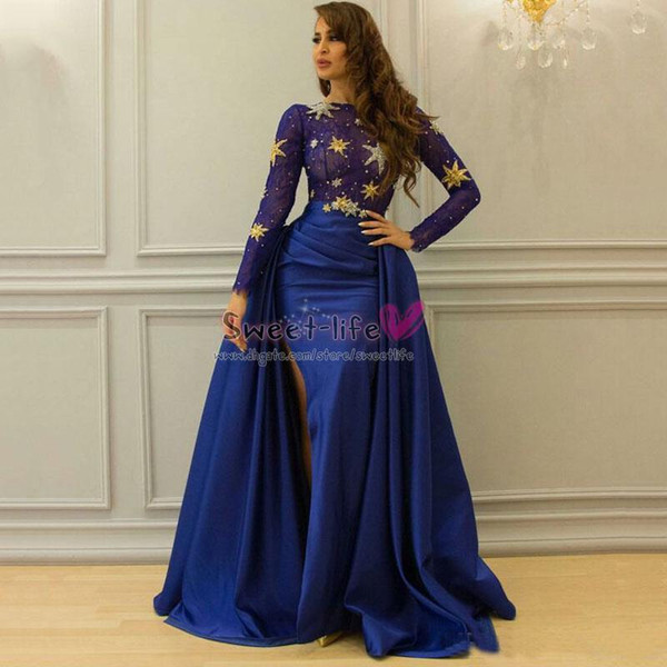 Royal Blue Sexy Prom Dresses Dubai Arabic Formal Evening Occasion Party Wear Plus Size Saudi Arabia Mermaid Long Sleeves Dress