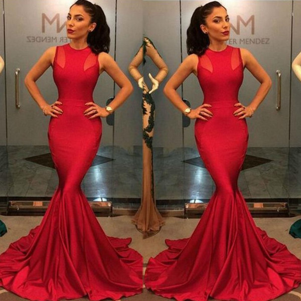 Evening Gowns Sexy Jewel Sleeveless Sheath Mermaid Formal Red Carpet Prom Dresses Custom Made Rose Red Party Dress