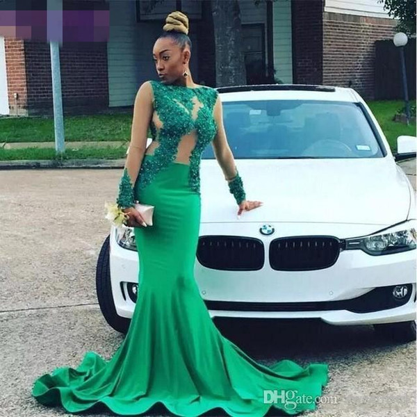 Green Illusion Appliques Prom Dresses Long Sleeve Mermaid South Africa Style Formal Evening Gown Custom Made