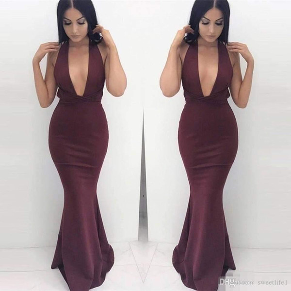 Sexy V Neck Prom Dresses Burgundy Backless Evening Dress Long Mermaid Red Carpet Gown Party Wear