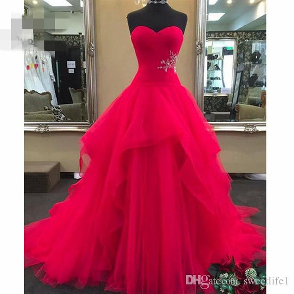 Red Ball Gowns Prom Dresses Long Beaded Sexy Sweetheart Tulle Formal Evening A Line Prom Dress