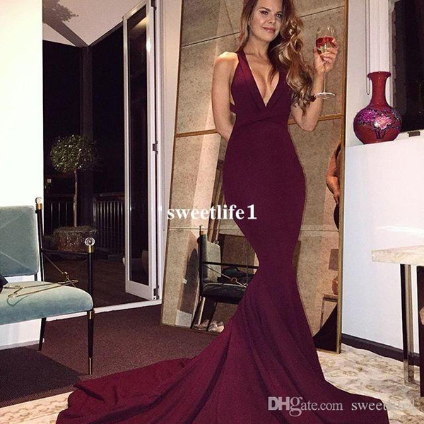 Burgundy Long Prom Dresses Mermaid V Neck Spaghetti Strap Vestidos De Noche Formal Evening Dresses