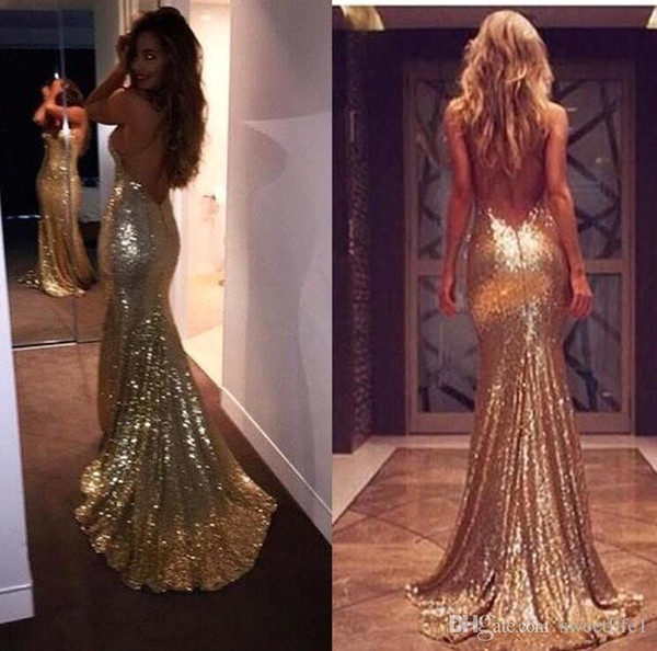 Sparkly Gold Sequins Prom Dresses Sexy Backless Spaghetti Floor Length Formal Evening Dresses Party Gowns Custom Made