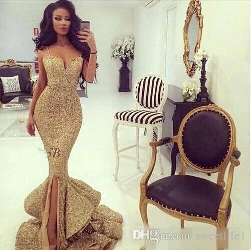 Gold Sequins Mermaid Prom Dresses Spaghetti Backless Ruffles Sexy Evening Gowns Pageant Dress Formal Party Wear