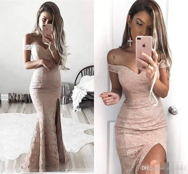 Sexy Pink Prom Dresses Off the Shoulder Lace Mermaid Split Formal Evening Dresses Sexy Party Wear