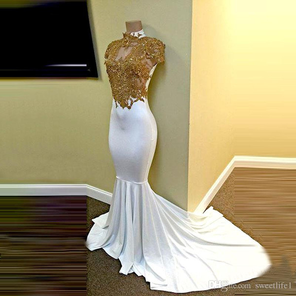 White Gold Mermaid Prom Dresses Long Appliques Beaded Vestidos De Noche Zipper-Up Court Train Formal Evening Dresses 2k17