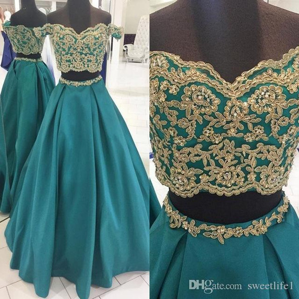 2 Pieces Prom Dresses Off The Shoulder Lace Satin A Line Long Eveing Gowns Party Dress