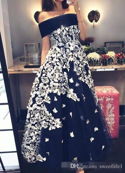 Dubai White Appliques Prom Dresses Off the Shoulder Black Tulle Floor Length Formal Evening Dresses Custom Made