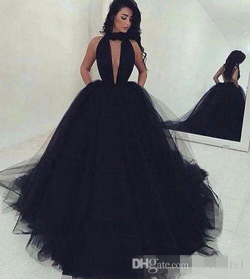 Arabic Long Backless Ball Gown Black A Line Prom Dresses Long 9 Deep V Neck Sexy Prom Gowns