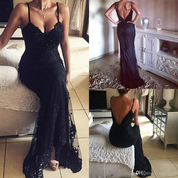 Spaghetti Strap Black Mermaid Long Prom Dresses Tulle Lace Appliques Backless Court Train Vestidos De Baile