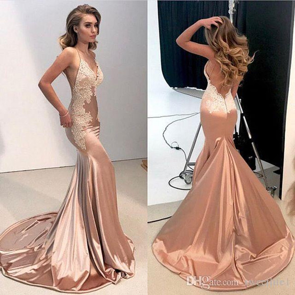 Elegant Spaghetti Straps Prom Dresses Backless Appliques Elastic Silk Like Satin Mermaid Formal Occasion Sexy Evening Dresses