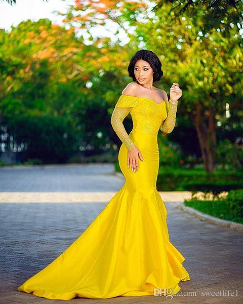 Gorgeous Yellow Off the Shoulder Prom Dresses Long Sleeve Lace Mermaid Dubai Arabic Formal Evening Occasion Party Dresses