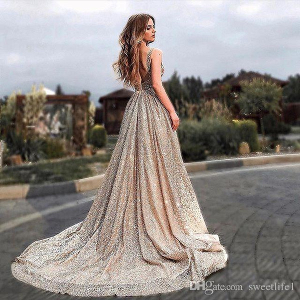 Gltiz Sequins Sweetheart Neck Prom Dresses Backless A Line Sweep Train Formal Evening Occasion Party Dresses Custom Made Hot Sale