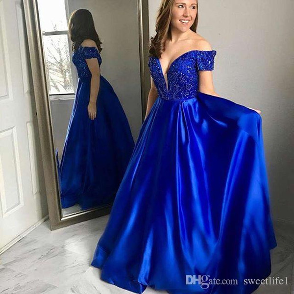 Elegant Royal Blue A Line Prom Dresses Off the Shoulder Beaded Formal Evening Occasion Dresses Custom Made