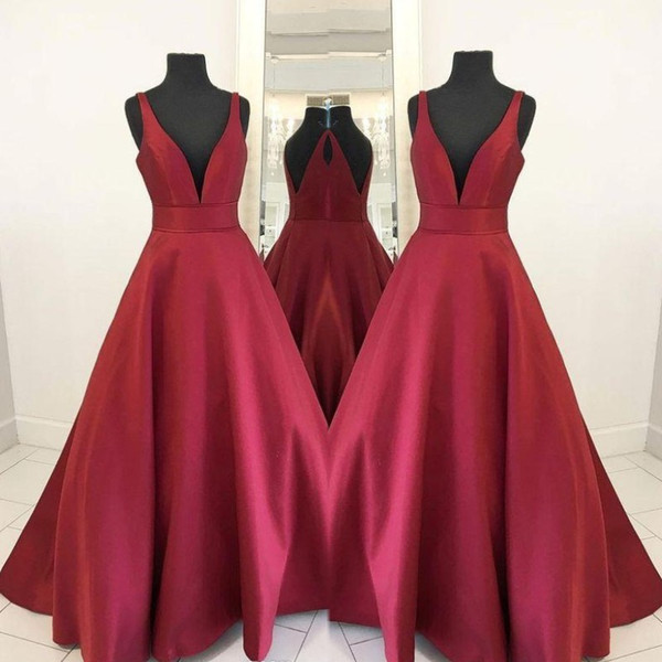 Dark Red V Neck Prom Dresses Satin A Line Floor Length Backless Formal Evening Occasion Party Dresses Custom Made