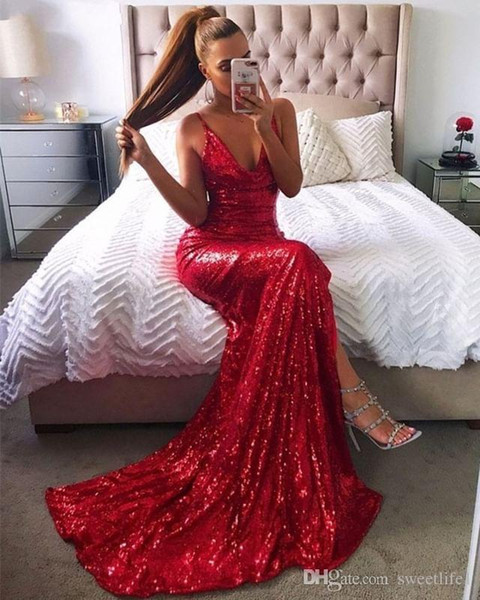 Sexy Red Sequins Prom Dresses V Neck Backless Mermaid Sweep Train Formal Occasion Evening Dresses