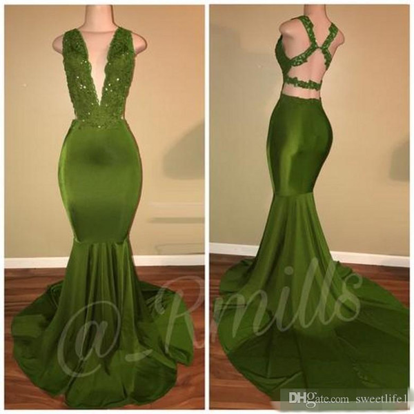 Criss Cross Backless Sexy Prom Dresses Appliqued Sequined Sexy Deep V Neck 2K18 mermiad Evening Gowns