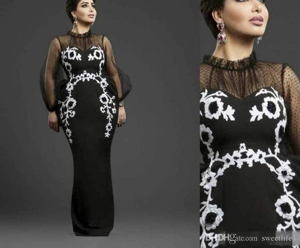 Black Prom Dresses Sheath Sheer White Lace Appliqued Floor Length Prom Dresses Long Sleeves African Evening Gowns